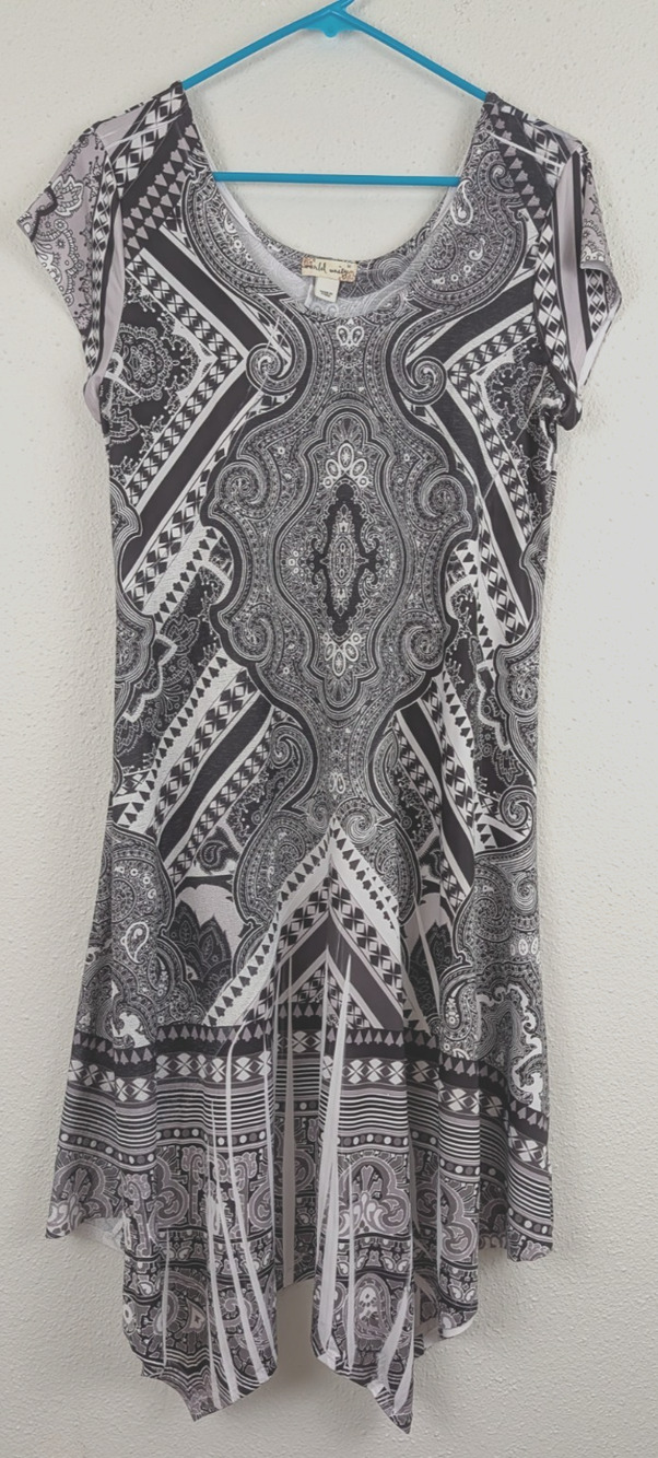 World Unity sz M A-Line Dress asymmetric hem stretchy black gray white 4522